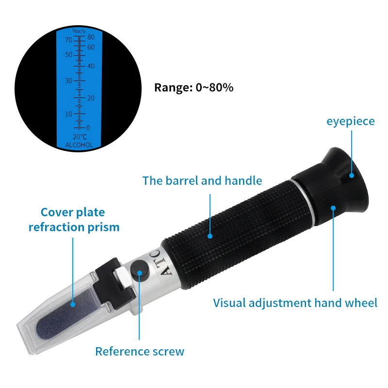 Hand Held Alcohol Refractometer, ATC Spirits Tester, Alcohol Meter, Liquor, Wine Content Tester com Retail Box, 0 -80%