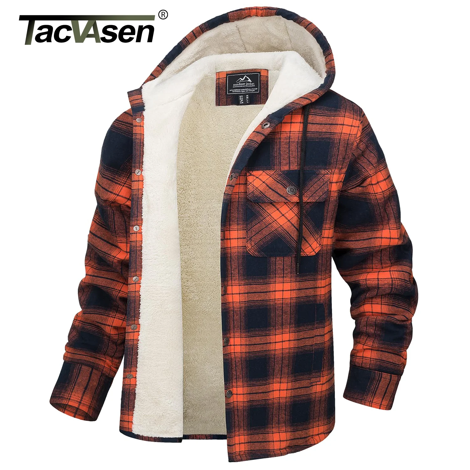 TACVASEN Sherpa Lined Flannel Jacket Mens Heavyweight Hooded Fleece Jacket Thicken Warm Button Down Plaid Jacket Outwear Coats