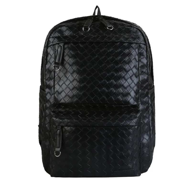 Korean Casual Pu Leather Woven Backpack Large Capacity Men\'s Fashion Student Schoolbag Laptop Bags Versatile Leisure Travel Bag