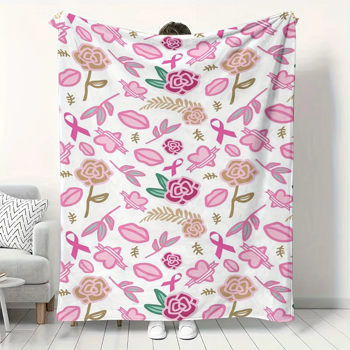 1pc Breast Cancer Awareness Ribbon Plush Fleece Blanket - Pink & Golden Bedspread, Luxury Couch Throw & Travel Companion