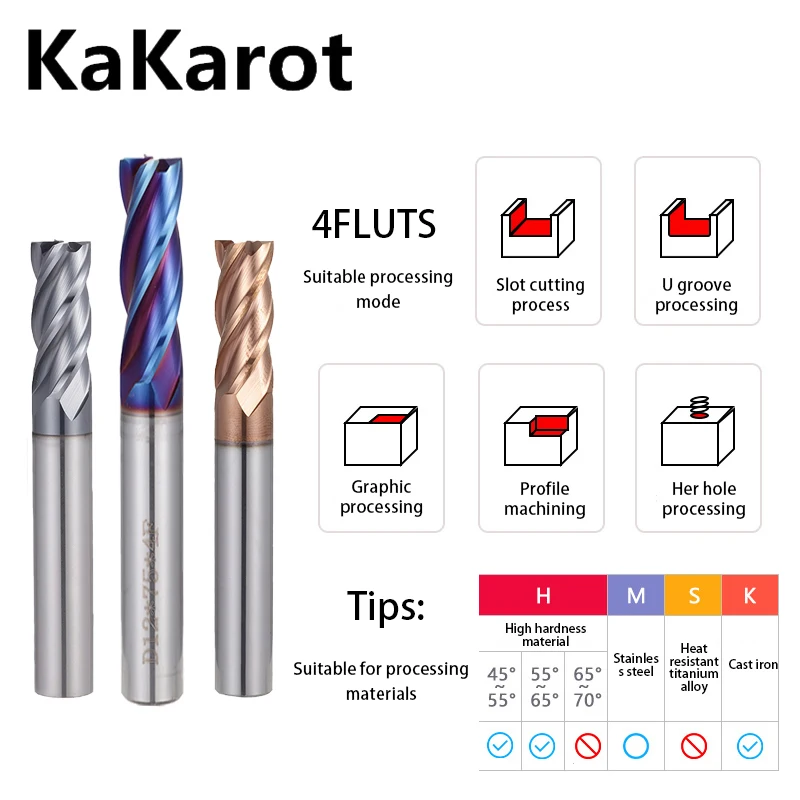 Kakarot Cnc Carbide End Mills 2 3 4 Fluit Tungsten Machine Frees Gereedschap Metalen Key Seat Gezicht Router Bit HRC50 55 65 Molen