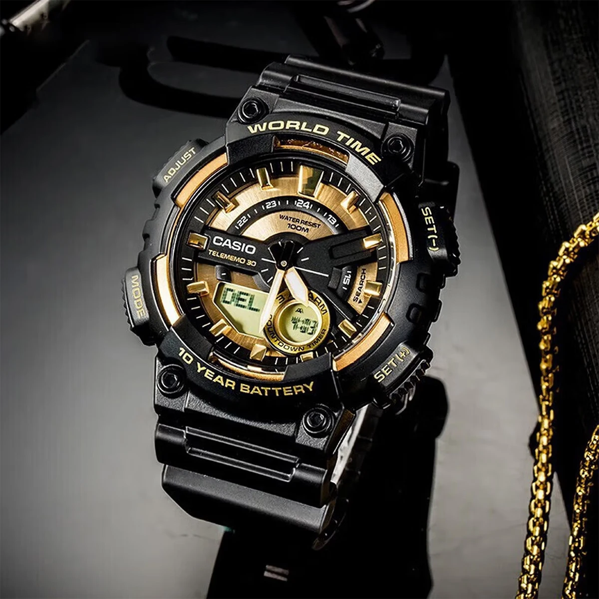 Serie Casio AEQ110BW |   Reloj analógico-digital para hombre | 100M WR |   Alarmas Múltiples |   Cronómetro de 100 segundos |   Temporizador de Cuenta Regresiva |   Batería de 10 Años de Duración