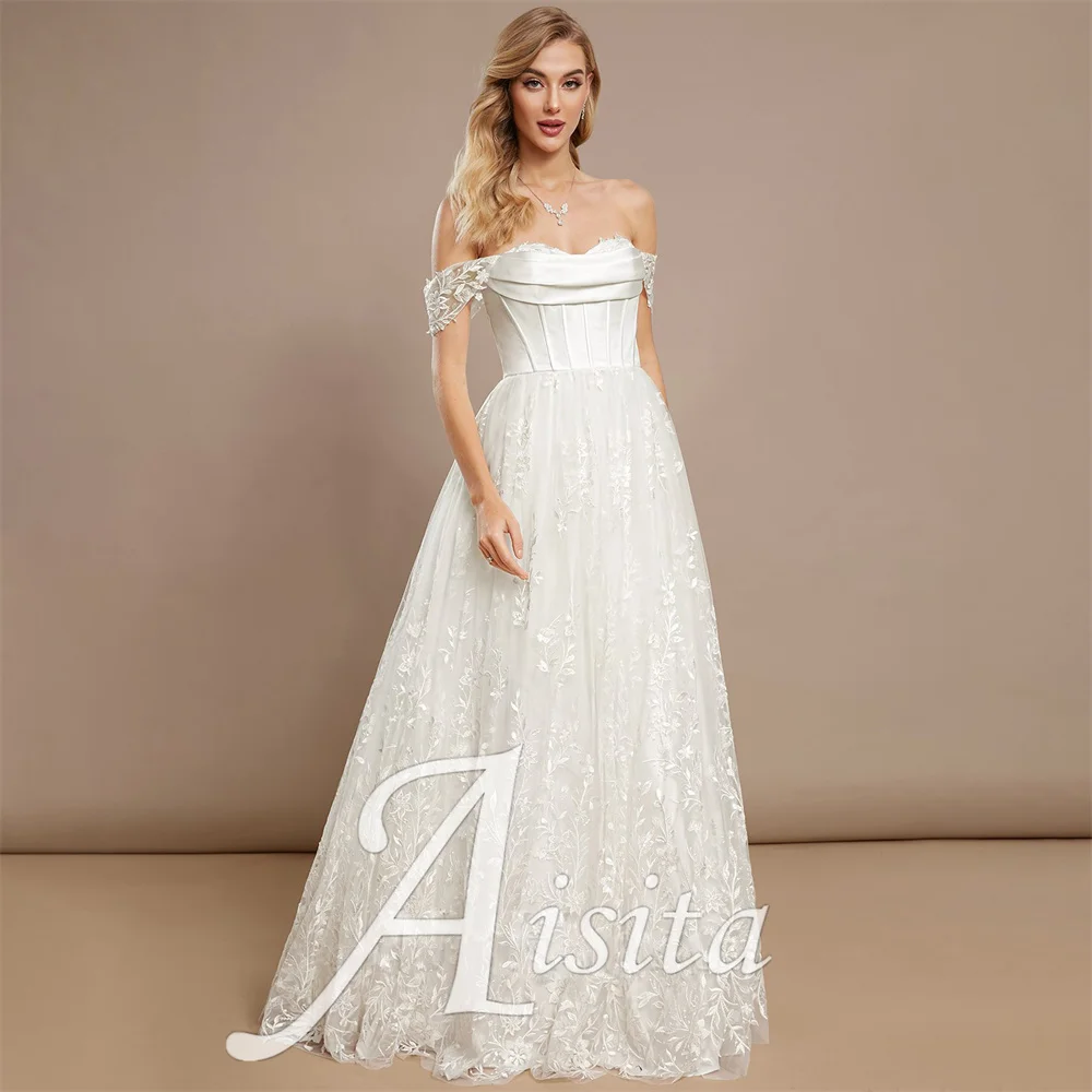 A-Linie Brautkleider Schulterfrei Sweep Zug Satin Tüll Spitze Brautkleider Maßgeschneidertes Hochzeitskleid Vestidos De Novia