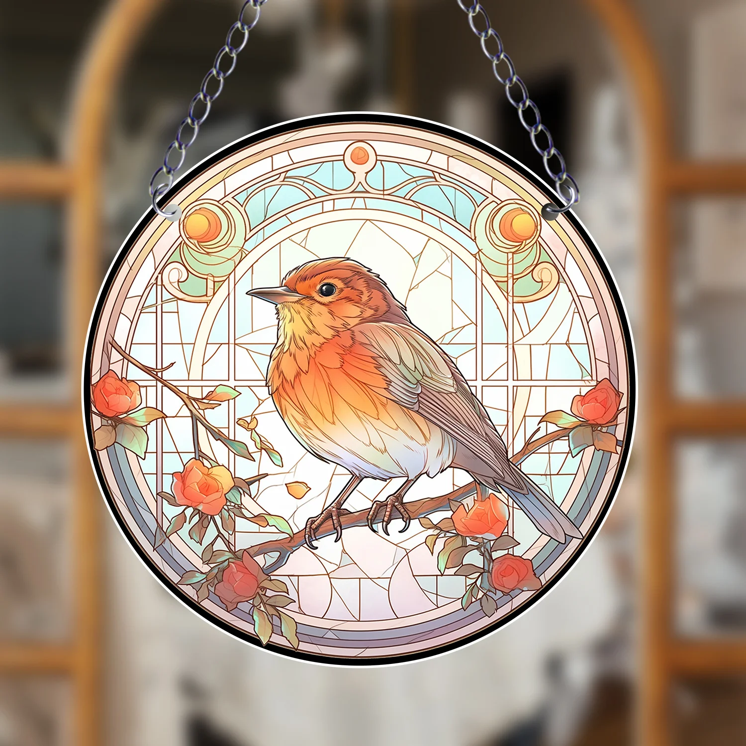 1pc Animal Series Cute Bird Suncatcher Stained Window Hanging Acrylic Round Wreath Sign Yard Garden Home Room Decoration