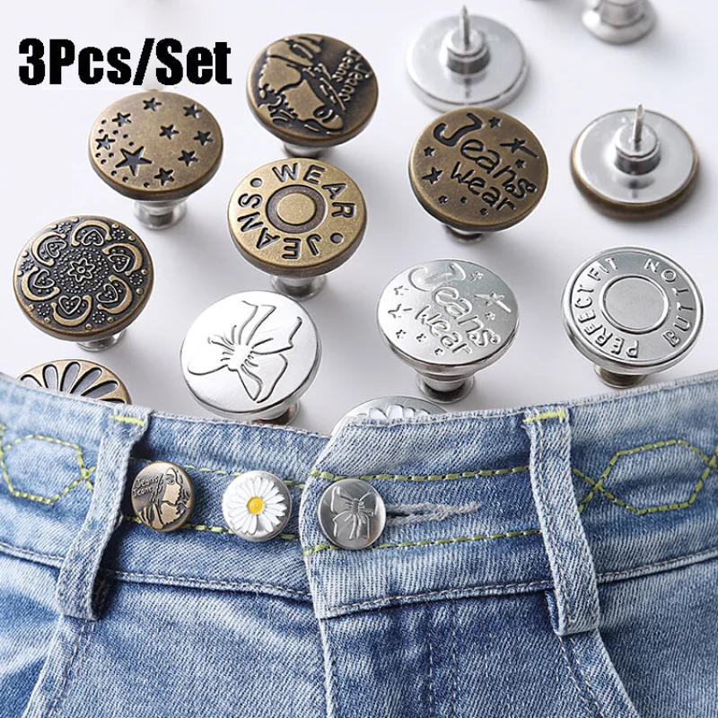 3 Pcs/Set Snap Fastener Botões De Metal Jeans Cintura Botões Perfeito Ajuste Auto Livre Prego Torção Sem Costura Botões De Costura