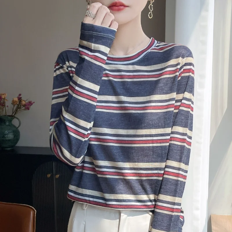 

Long-sleeved Striped Printed Crew Neck T-shirt Sweater Top