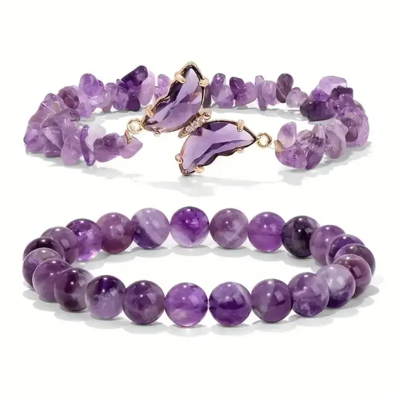 2Pcs Set sromantic Amethyst Obsidian Quartz Beaded Butterfly Bracelet women Stretch Bangles Positive Energy Daily Commute