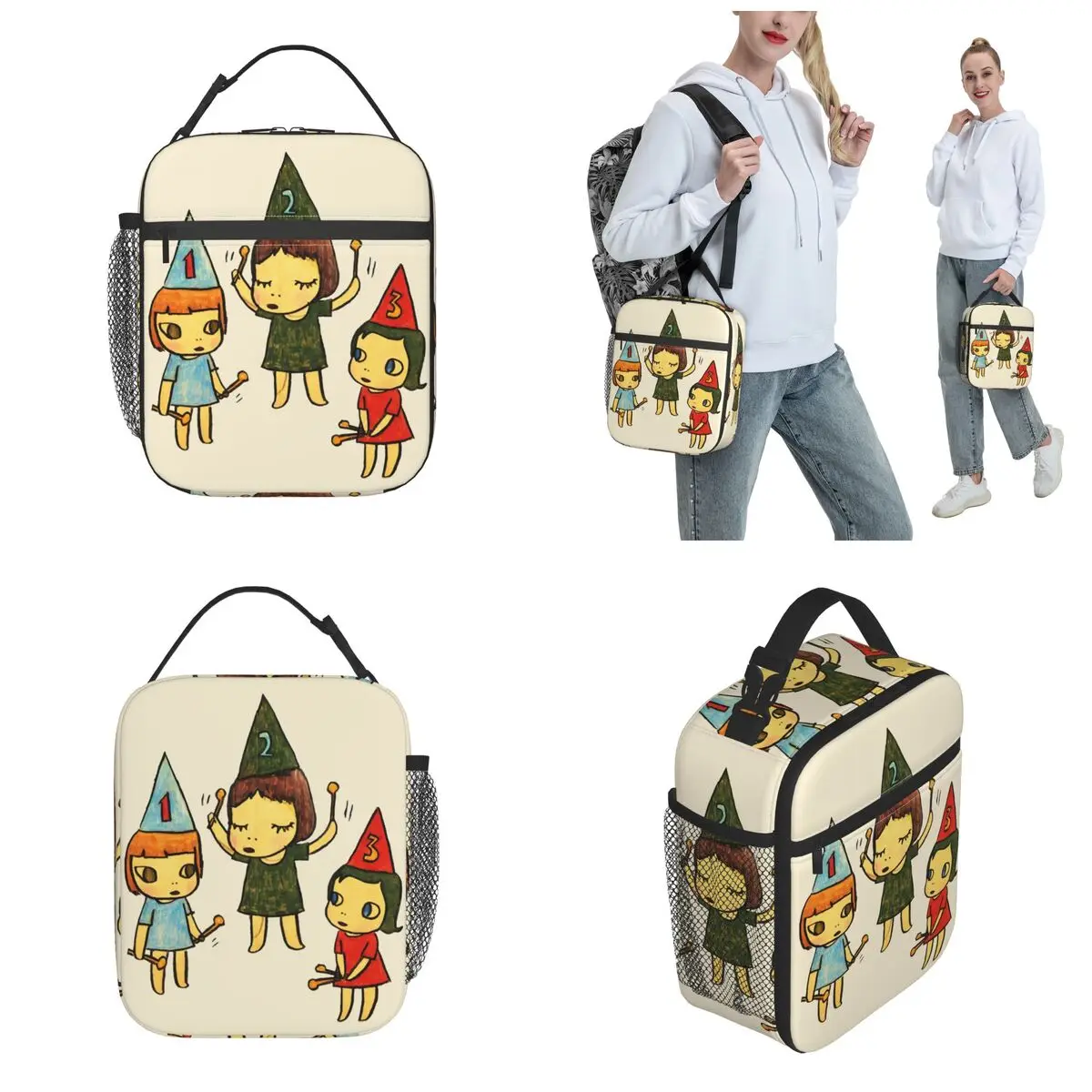 Funny Yoshitomo Nara Three Little Girl Insulated Lunch Bag Food Box Portable Thermal Cooler Lunch Box Work