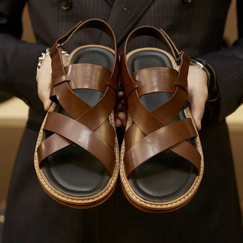 

Luxury Genuine Leather Mens Sandals Handmade 2026 Summer Quality Comfortable Flat British Style Outdoor Social Shoes Man Size 45