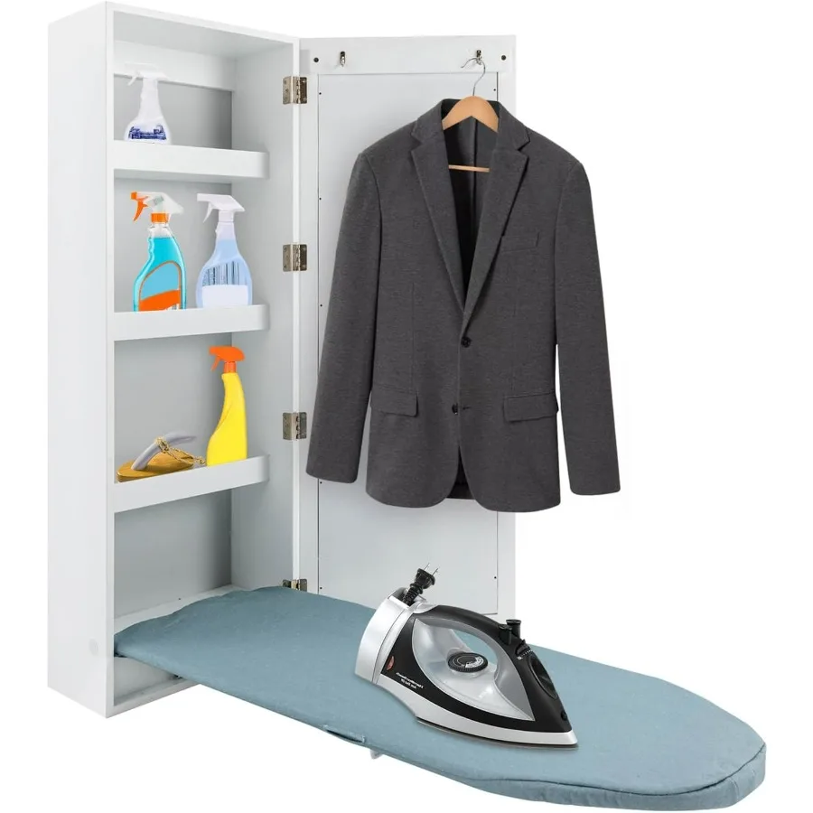 

Wall Mounted Ironing Board Cabinet Built-in 180°Swivel Foldable Iron Board with Storage+ Flat Panel Mirror Door White Ironing Bo
