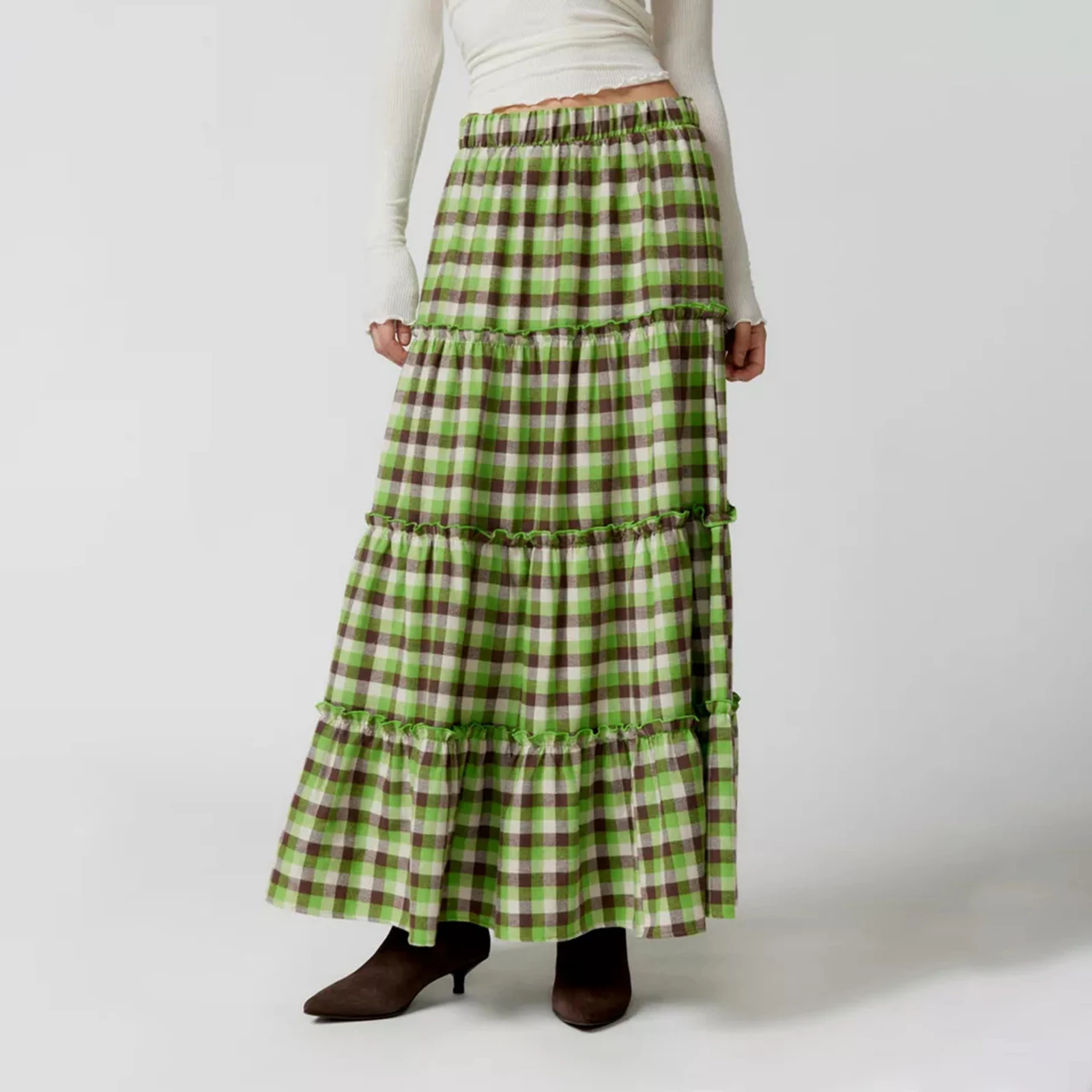 

Spring Summer Vintage Plaid Skirt Loose Fitting Elastic Waist Ruffled Tiered Long Skirt for Ladies