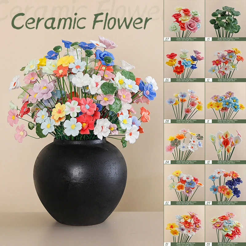 5 Pcs Ceramic Handmade Artificial Flowers Art Crafts Floral Arrangements Color Random Home Wedding Party Decor Fake Flower