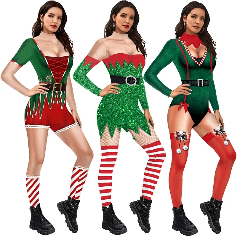 

Xmas Elf Jumpsuit Christmas Cosplay Costume 3D Printing Bodysuit Party Circus Troupe Women Zentai Festival Skinny Jumpsuit