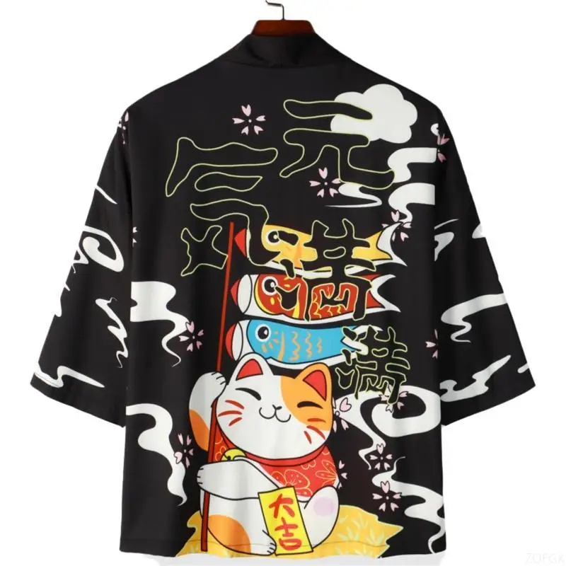 Japanese Cat Print Haori Kimono Yukata Samurai Men and Women Kimono Traditional Asian Clothing Harajuku Cardigan Top