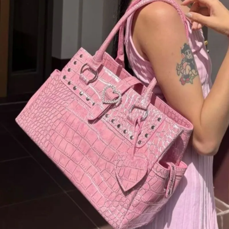 

JIAERDI Hot Girl Rivet Crocodile Embossed Tote Bag Women Sweet Leather Large Capacity Shoulder Bag Ladies Heart Pink Y2k Handbag