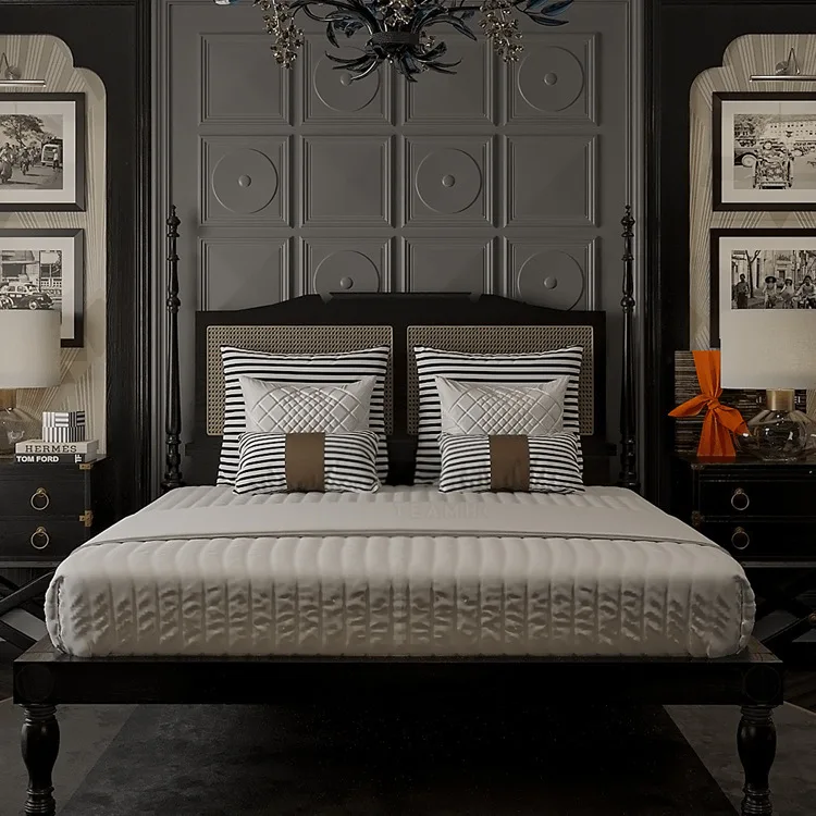 

French rattan solid wood carving flower black old retro high back princess 1.81.5 double bed American master bedroom wedding bed