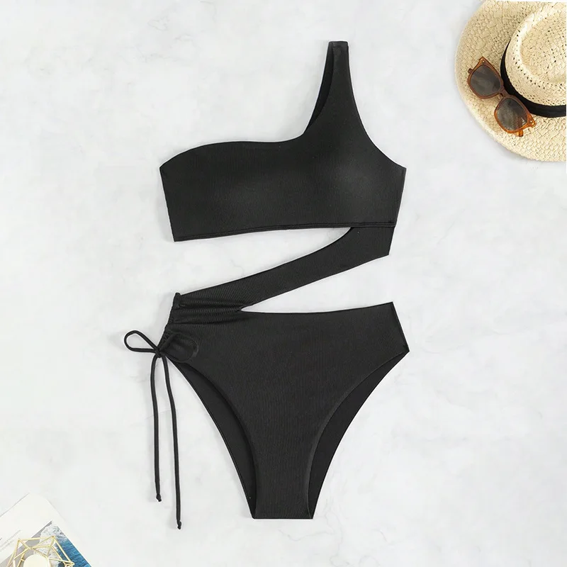 sexy ribbed plain swimsuits one piece irregular one shoulder hollow women's bikinis swimwear bathing suit beach outfits bodysuit