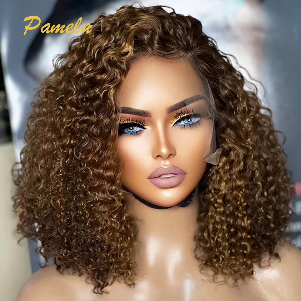 

250% Density 13x6 Brown Colored Brazilian Short Curly Bob HD Transparent Lace Frontal Glueless Wigs Human Hair Ready To Go