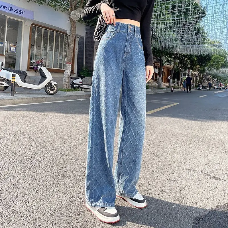 2023 Spring/Summer New High Waist Straight Rhombic Checked Women's Jeans Large Loose and Slim Design Fashion Pant Trend