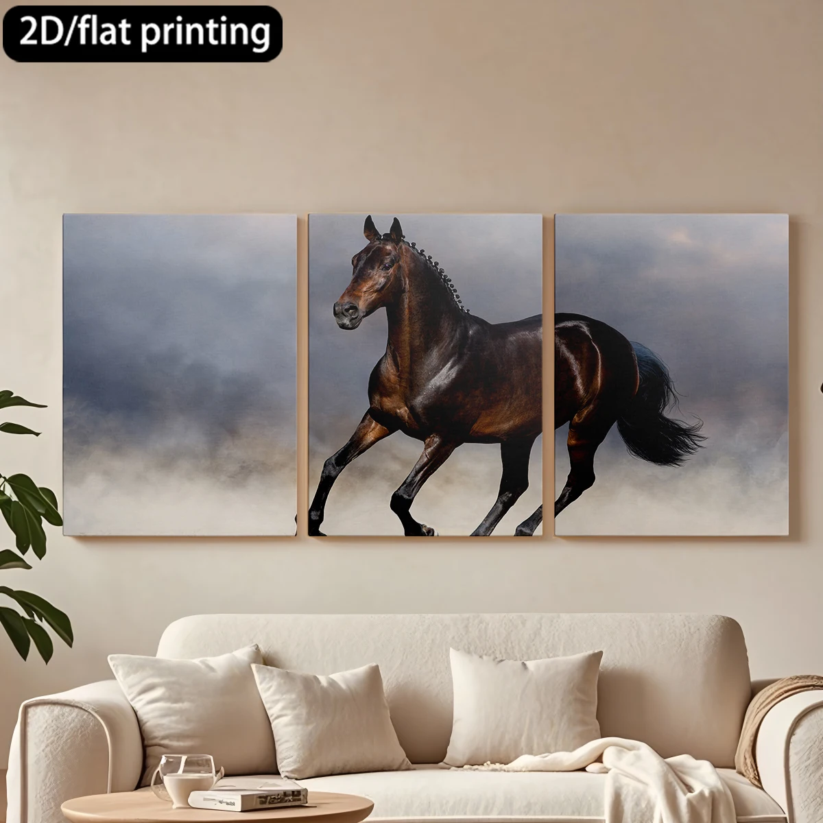 

Набор из 3 картин на холсте в деревянной раме: Величественный коричневый конь, динамичный галоп. Декор для коридора и спальни.