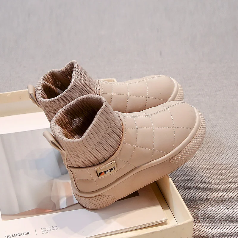 2025 New Fashion Children's Snow Boots Khaki Padded Thickened Boys  Cotton Shoes Winter Black Soft Non-slip Kids Sock Boots