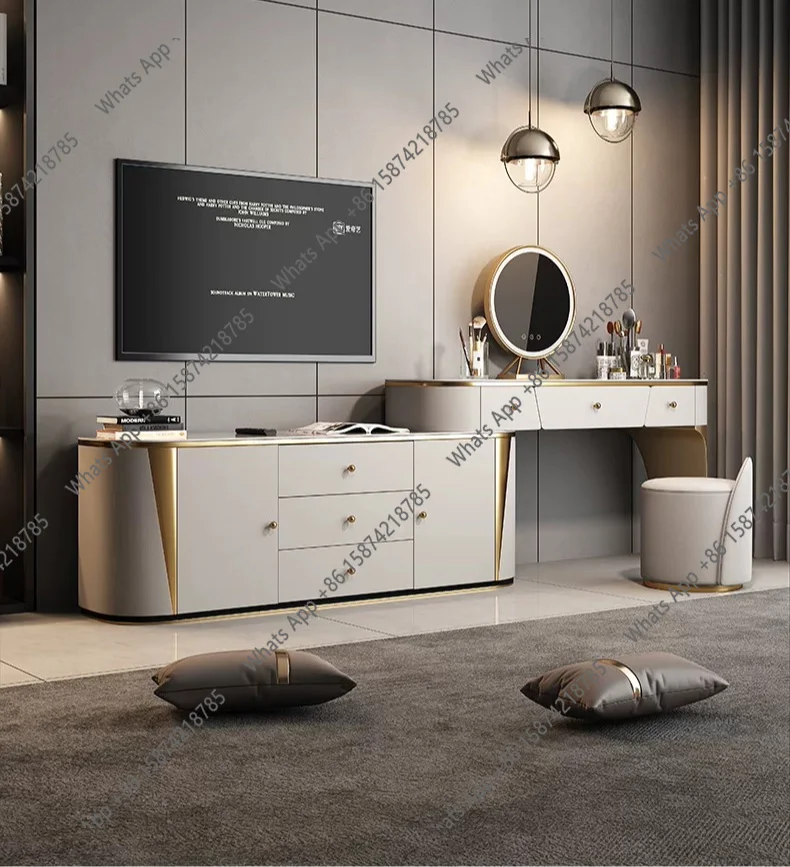 Mn High-end Atmosphere Light Luxury Multi-functional Bedside Desk TV Cabinet Integrated Dresser Bedroom Solid Wood Rock Slab