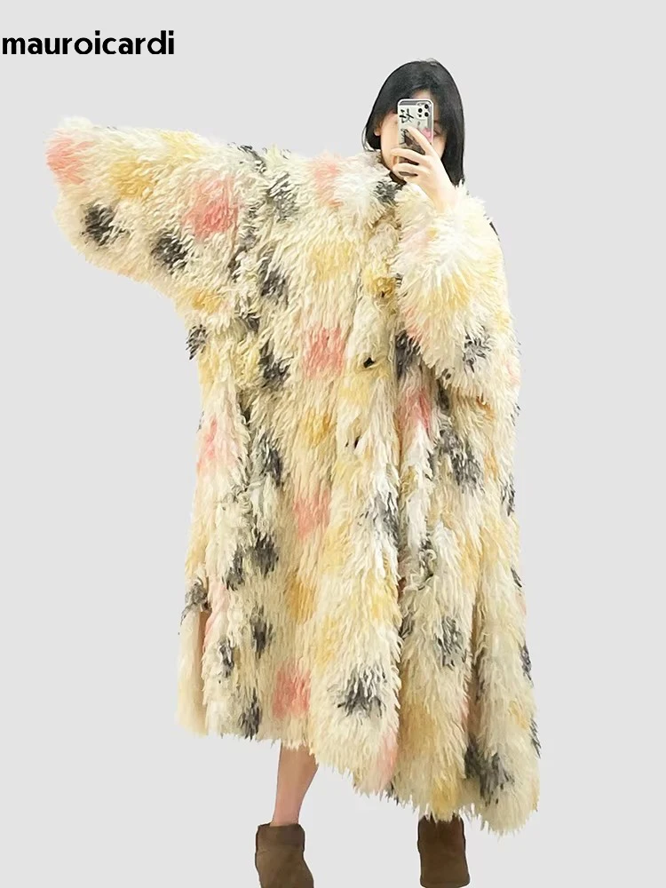 Winter Lange Oversized Kleurrijke Shaggy Harige Dikke Warme Faux Mongoolse Bontjas Vrouwen Losse Casual Pluizige Koreaanse Mode 2024