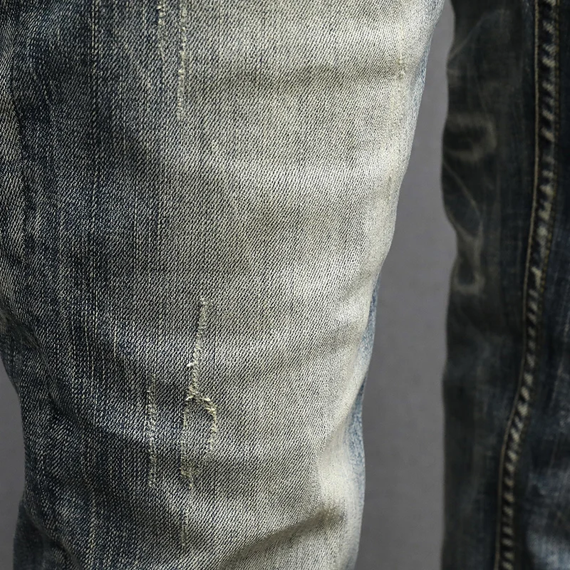 Italian Style Fashion Men Jeans High Quality Retro Washed Blue Stretch Slim Fit Ripped Jeans Men Vintage Designer Denim Pants