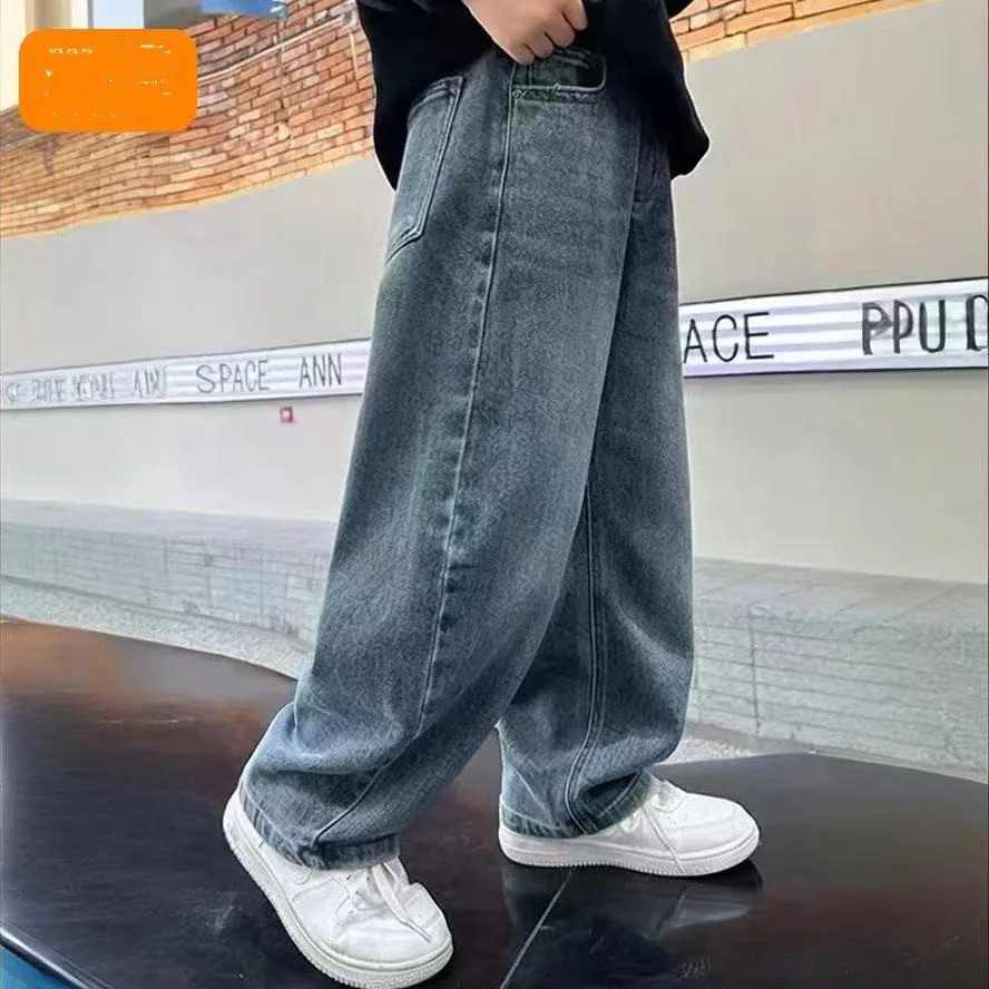 

5-15Y Boys Jeans Pants Spring Kids Wide Leg Straight Trousers Autumn Loose-Fit Casual Trousers Children's Trendy Sweatpants