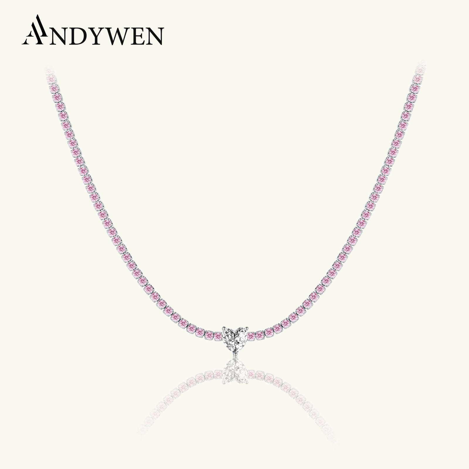 

ANDYWEN Pink 925 Sterling Silver Love Heart CZ Zircon Choker Long Chiner Necklace Fine Jewelry 2023 Wedding Gift