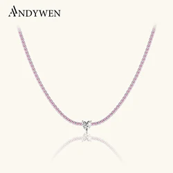 ANDYWEN Pink 925 Sterling Silver Love Heart CZ Zircon Choker Long Chiner Necklace Fine Jewelry 2023 Wedding Gift