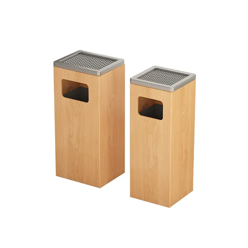 Large Vertical Hotel Trash Can with Lid and Ashtray Solid Wood High End Lobby Office Building Elevator Entrance Waste Bin