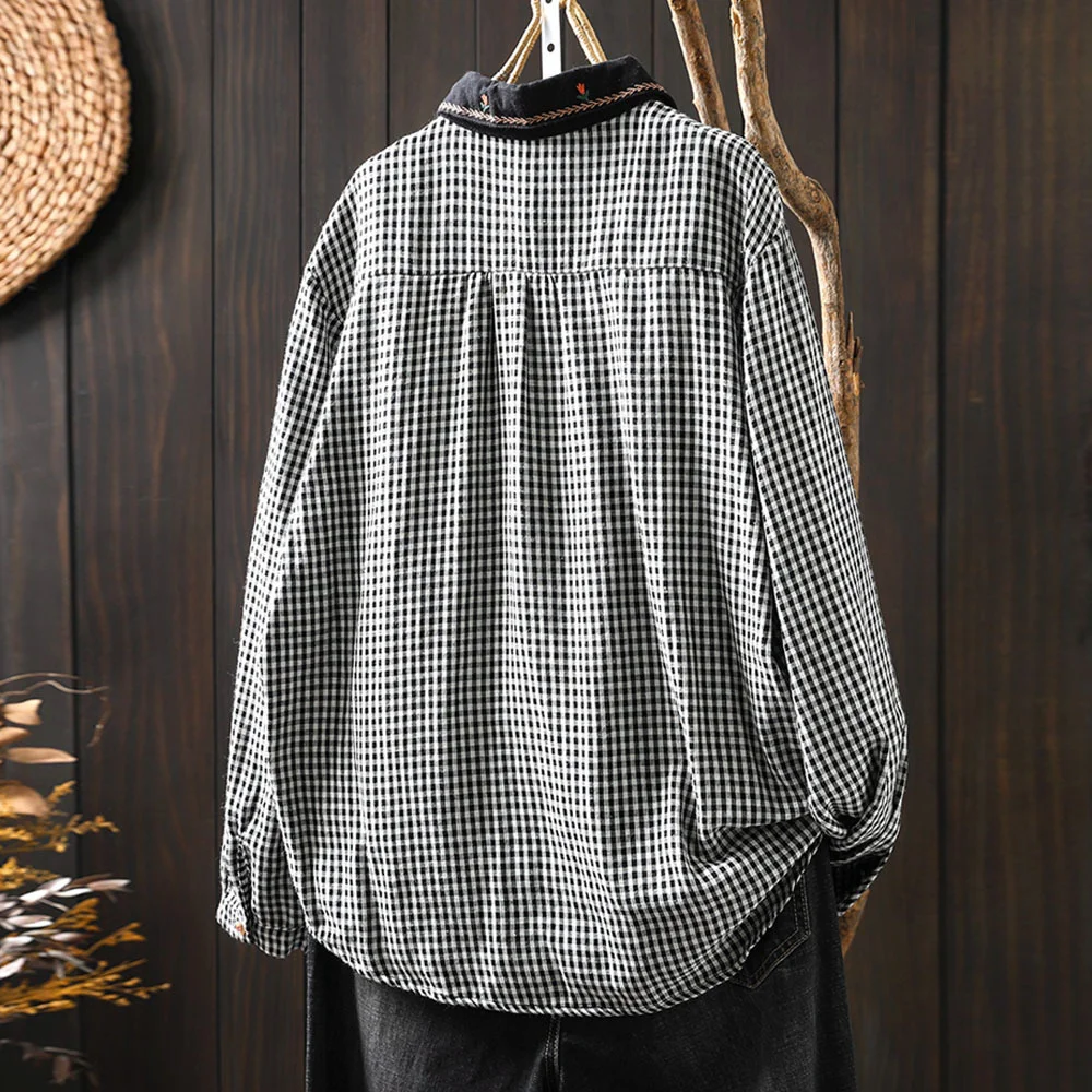 Literary black white plaid elegant blouses summer woman 2024 embroider patch shirts designer clothes women luxury tops