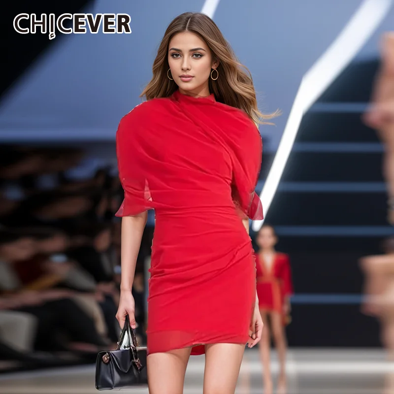 

CHICEVER Backless Temperament Dresses For Women Round Neck Half Sleeve High Waist Slim Folds Solid Mini Dress Female Summer New