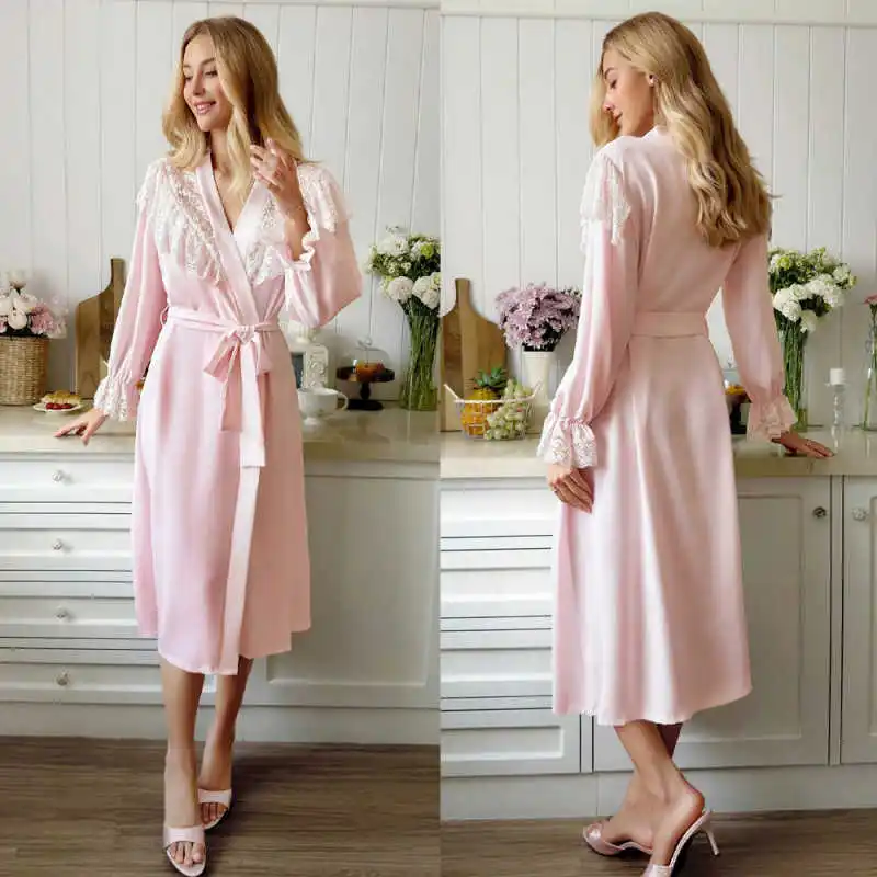 Graceful Womens Pajamas Appliques Satin Lace Robes Bridesmaid Bride Robes Wedding Long Robe Bathrobe plus size customized