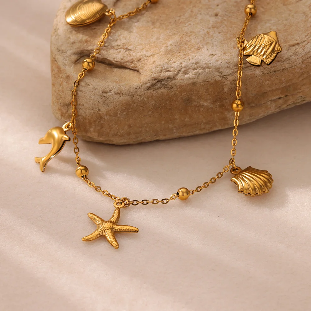 

Stainless Steel Starfish Shell Sea Fish Anklets For Women Vintage Gold Color Beads Anklet Summer Beach Christmas Party Jewelry