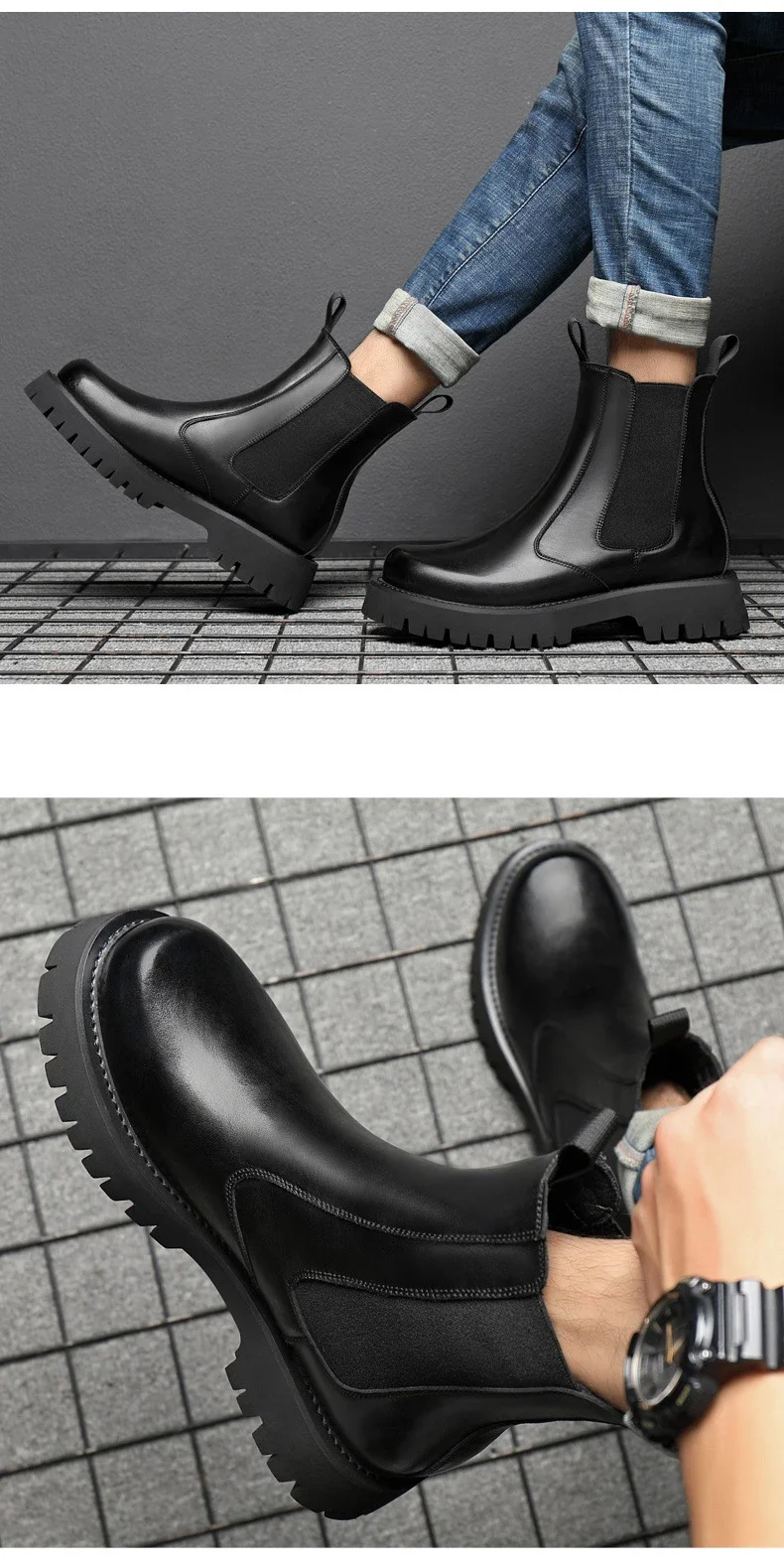2025 Winter Männer Chelsea Gummi Stiefel Unsichtbare Ferse Männer Angehoben Stiefel Männer Leder Plattform Stiefel Höhe Zunehmende – Detail 10