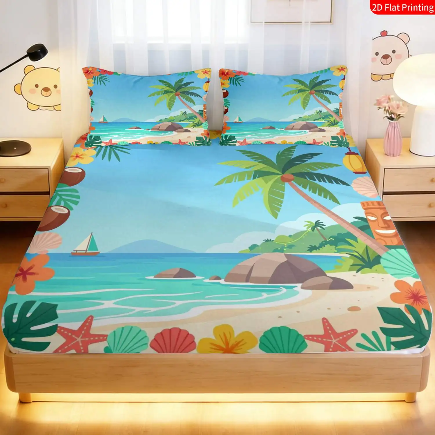 Tropical Paradise Style Beach Theme 2D Digital Print Three-Piece Bedding Set (Includes 1 Fitted Sheet + 2 Pillowcases) 3-Piece Set, Large Capacity Deep Pocket 2D Printed Fitted Sheet and 2 Pillowcases, Mattress Protector, Fitted Elastic Style, Protective Cover, Mattress Protector, Suitable for All Seasons, Machine Washable Design, Hotel Resort Style, Various Sizes, Breathable Protective Cover with Pillowcases