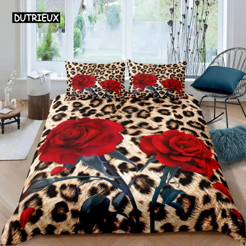 Red Rose Duvet Cover Set for Kids Girls Polyester Leopard Print Comforter Cover Queen Red Floral Petal Pattern Twin Bedding Set