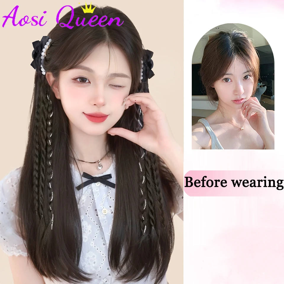 AOSI 2pcs/set Twisted Braid Synthetic Wigs Simulation Wig Hair Clip Back Head Two Sides Hair Accessories