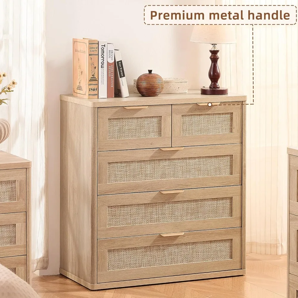خزانة روطان لغرفة النوم، خزانة ذات أدراج بطول 33.5 بوصة، خزائن بوهو حديثة ذات 5 أدراج مع مساحة تخزين، خزانة خشبية من خشب البلوط الخفيف