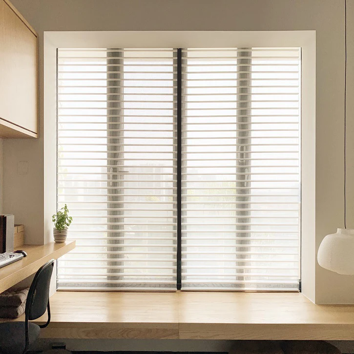 

Factory Automatic Transparent Smart Roller Blinds Motorized Electric Triple Shades Remote Control Shangri-La Blinds for Window