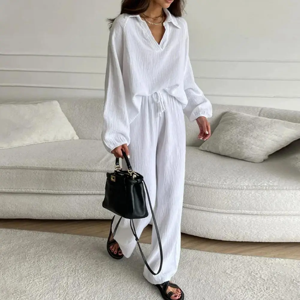 

Lantern Sleeves Women Top Pants Set V Neck Loose Blouse Top Drawstring Wide Leg Pants Set Casual T-shirt Trousers Autumn Outfit