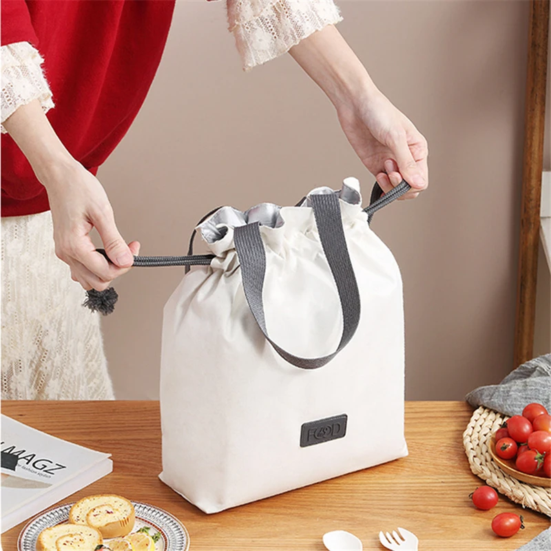 Portable Drawstring Women\'s Thermal Lunch Bags Waterproof Picnic Pouch Food Insulated Cooler Container Bag for Office Students