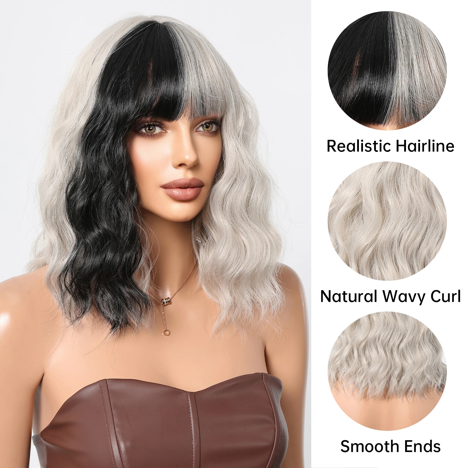 هالوين قصيرة مجعد بوب بيروكات صناعية لونين أبيض وأسود موجة شعر مستعار اصطناعي مع الانفجارات للنساء تأثيري جزء #3