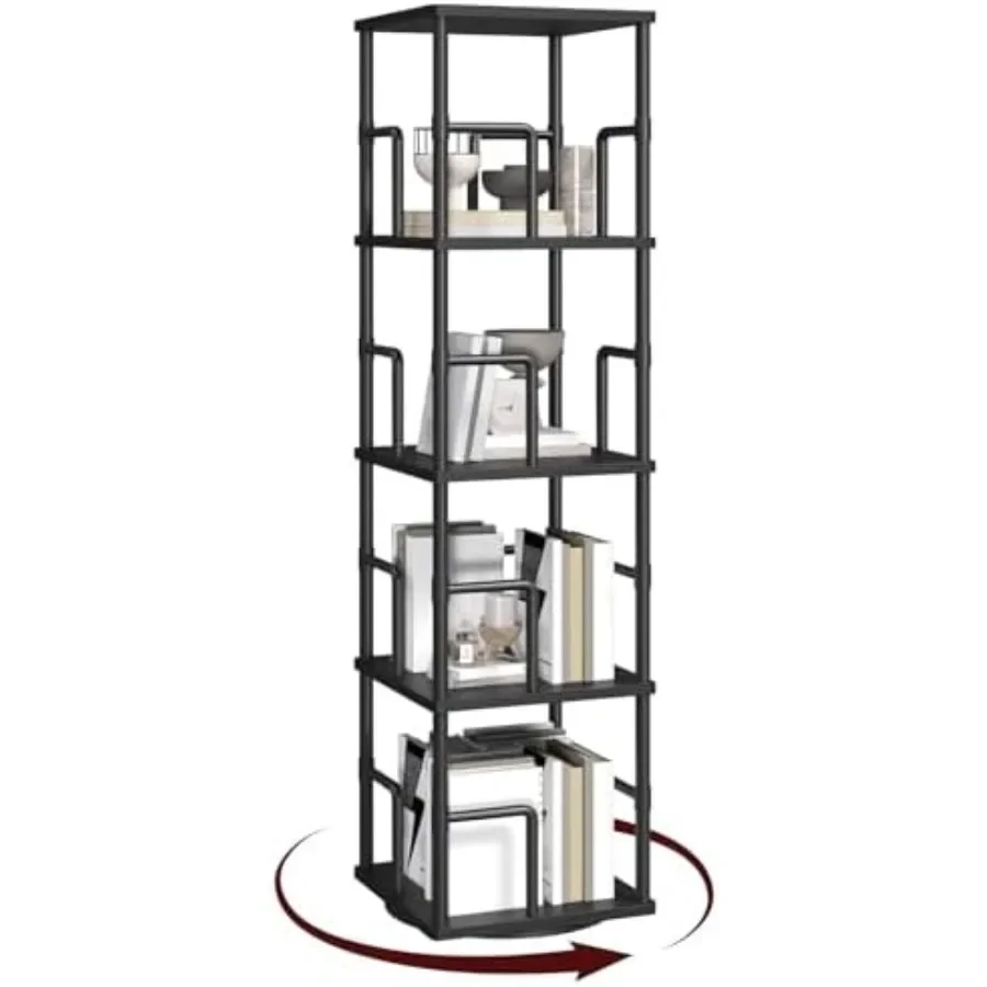 

4Tier Rotating Bookshelf Freestanding Corner Bookshelf with 360 Spinning Function Industrial Style Storage Rack Featuring Smoot