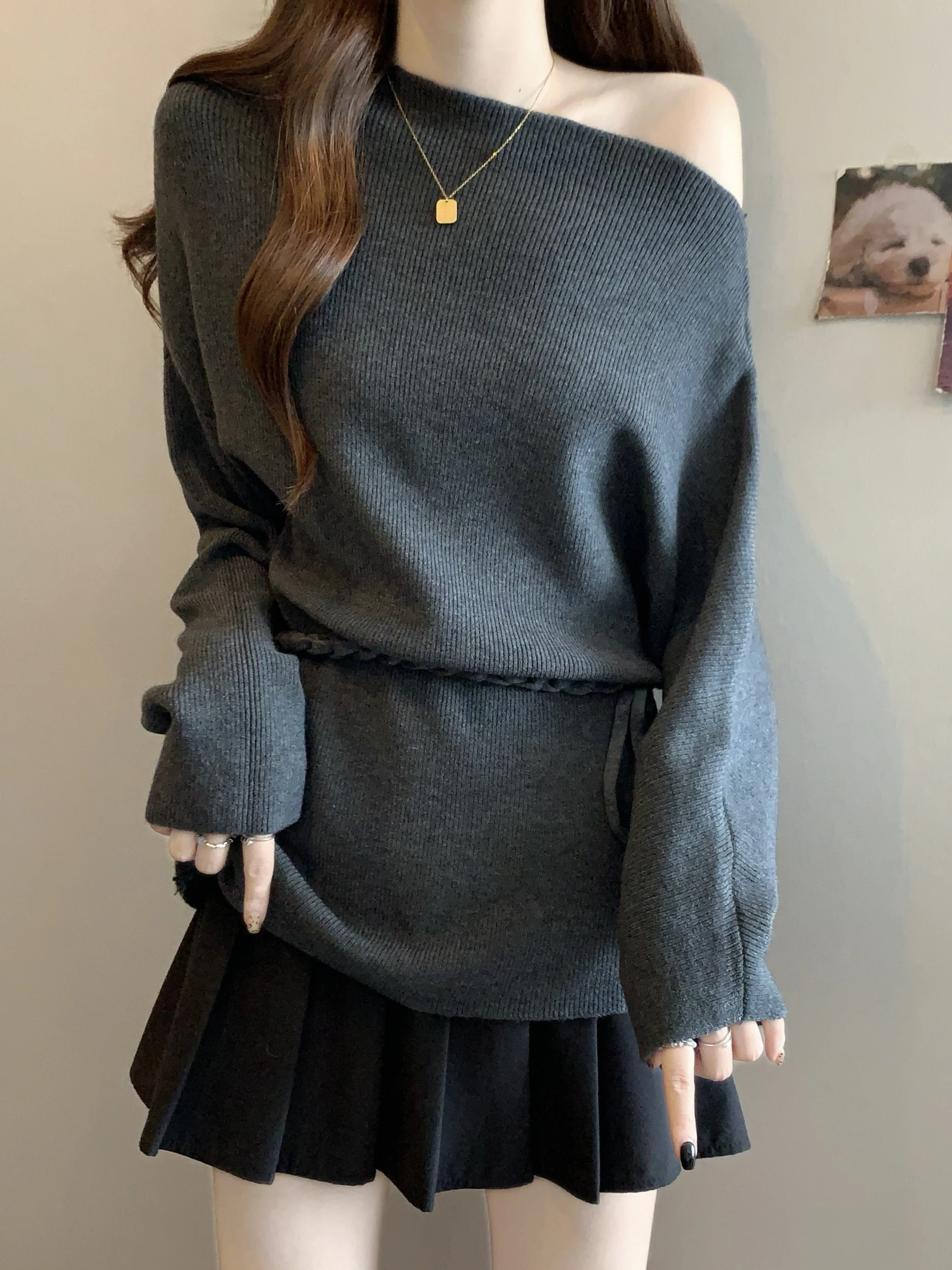 

plus Size Lazy Sle Diagonal oulder Long Sve Knitted Sweater Women's Loose Meat Covering Batwing Sve oulder Exposu...