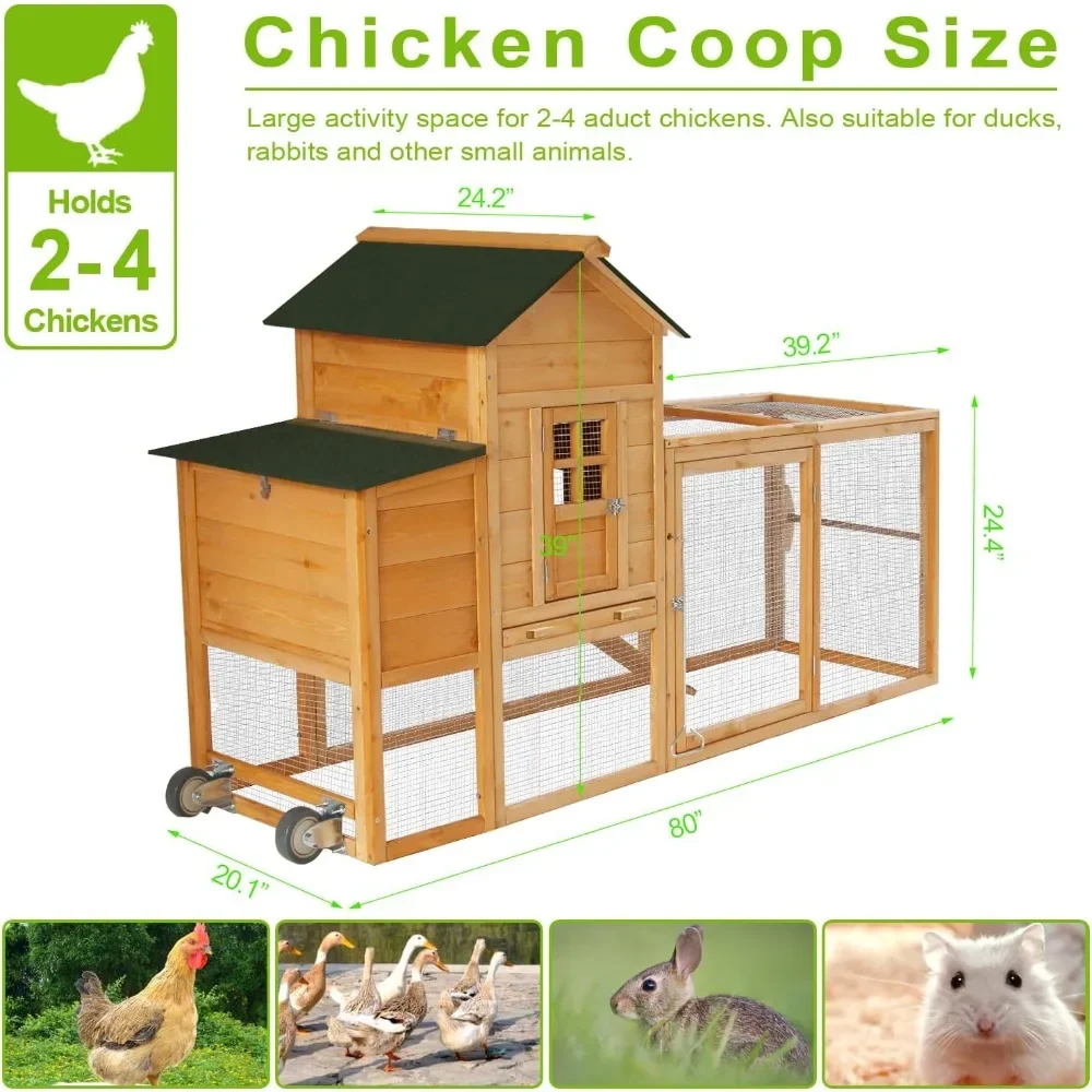 80” Large Chicken Coop with Run, Mobile Wooden Hen House for 2-4 Chickens, Outdoor Chicken House with Nesting Box