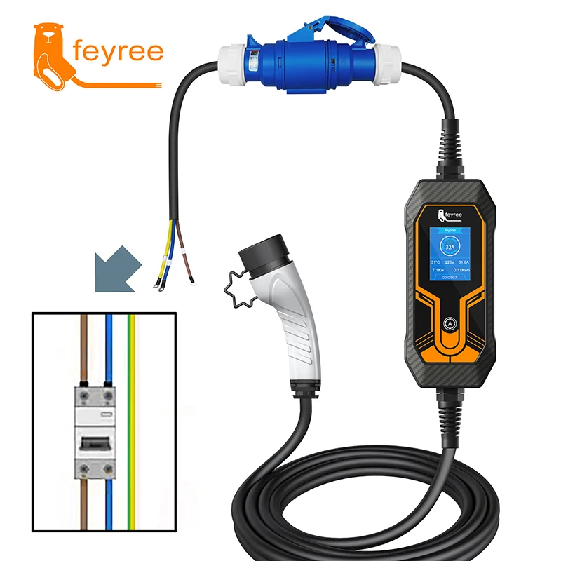 Fey123-Chargeur EV Portable avec Prise Femelle CEE, Adaptateur 3 Broches, Connexion Étanche, Prise Murale, 32A, 1Phase, 7KW