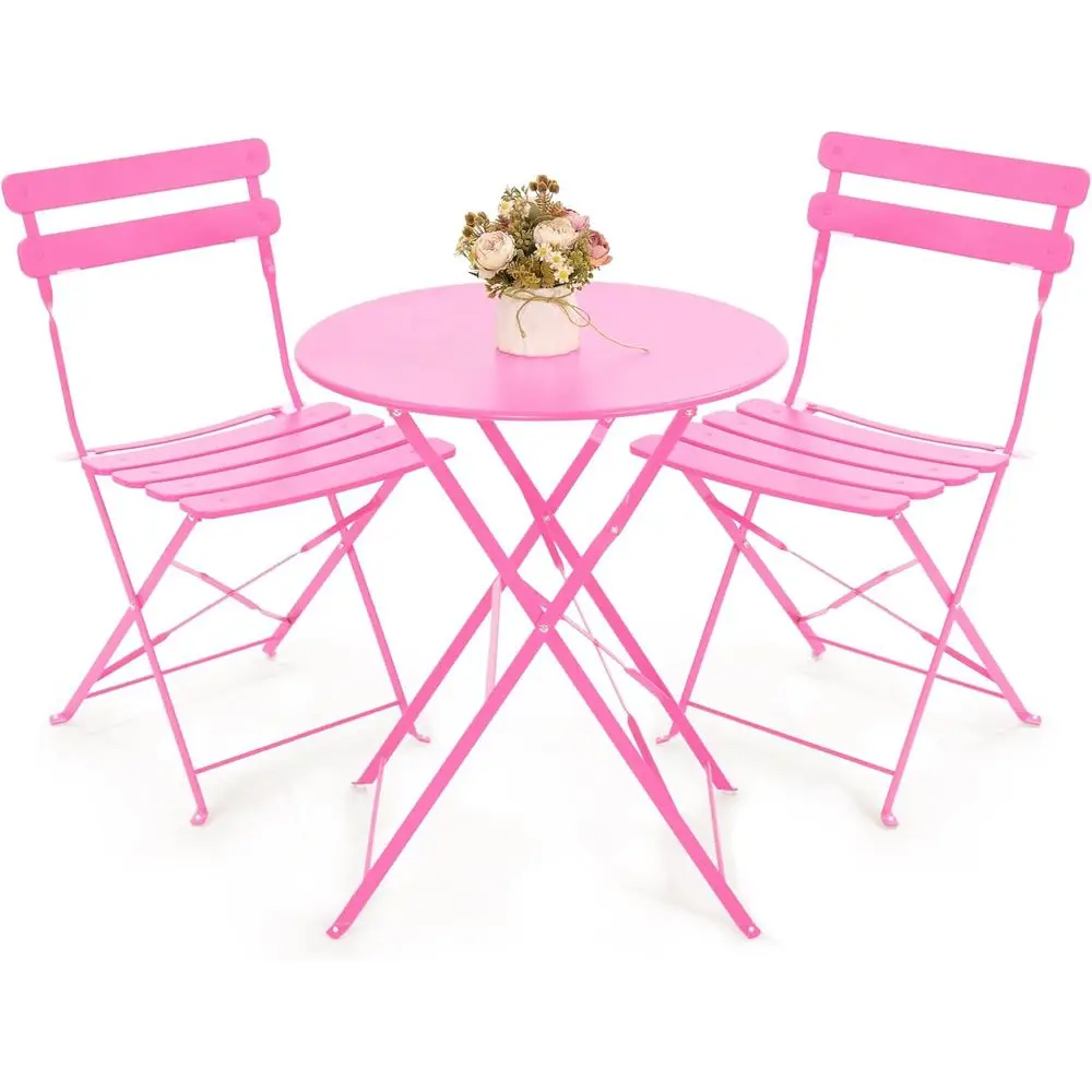 

Компактный комплект для бистро из 3 предметов: складной стол и стулья, идеально подходит для балкона или сада, розовый цвет